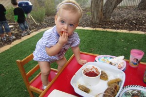 She snuck back to get into the left overs while the boys weren't watching!